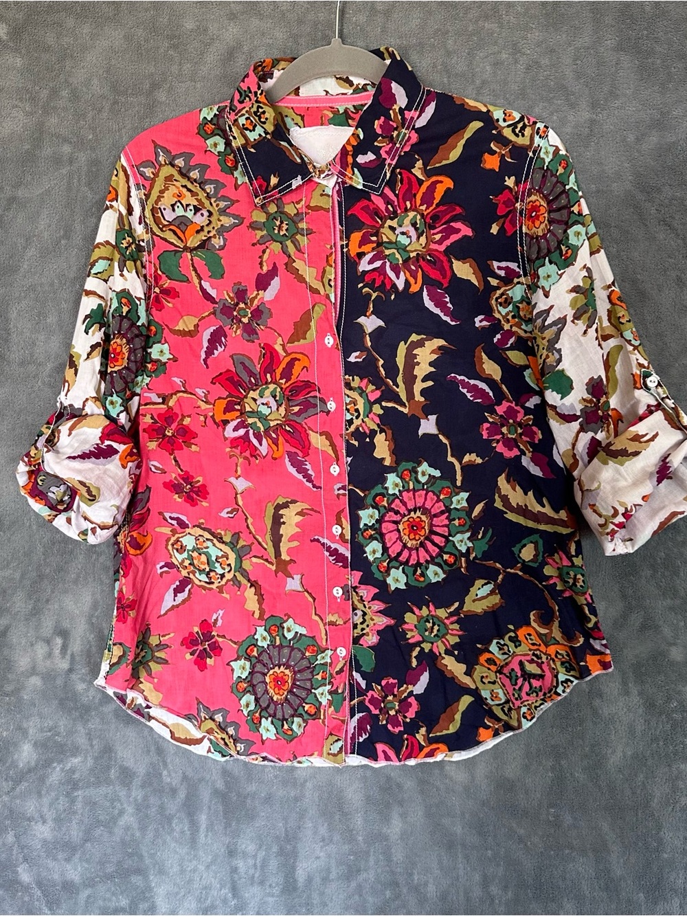 Floral Split-Panel Button-Down Shirt in Pink and Navy